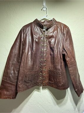 Vintage Lane Bryant Brown Leather Jacket w/Brass Grommets & Hook Closure 14/16W